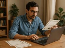 Pessoa em casa, sentada à mesa, digitando no laptop enquanto segura uma certificação, com outras certificações sobre a mesa e ambiente iluminado de forma natural