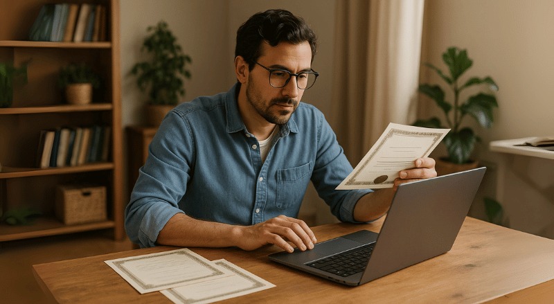 Pessoa em casa, sentada à mesa, digitando no laptop enquanto segura uma certificação, com outras certificações sobre a mesa e ambiente iluminado de forma natural
