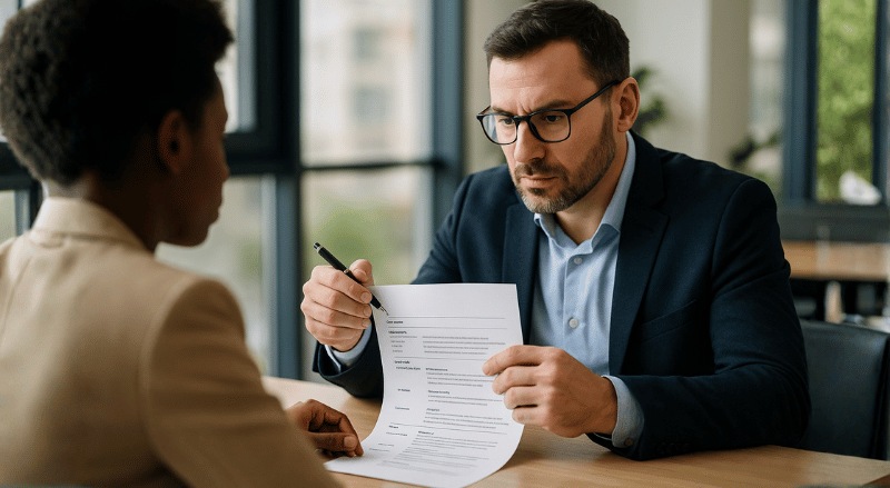 um recrutador analisando atentamente o currículo de um candidato em um ambiente de escritório moderno, com iluminação natural e expressão séria, transmitindo foco e profissionalismo