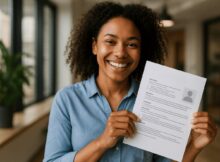 Pessoa sorridente segurando seu currículo em um escritório iluminado, transmitindo felicidade e confiança