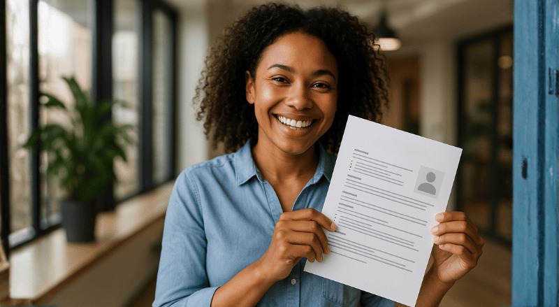 Pessoa sorridente segurando seu currículo em um escritório iluminado, transmitindo felicidade e confiança