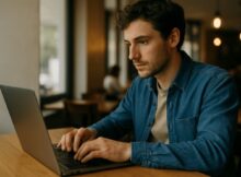 Uma pessoa concentrada digitando em seu laptop em um ambiente interno moderno e bem iluminado, transmitindo foco e profissionalismo