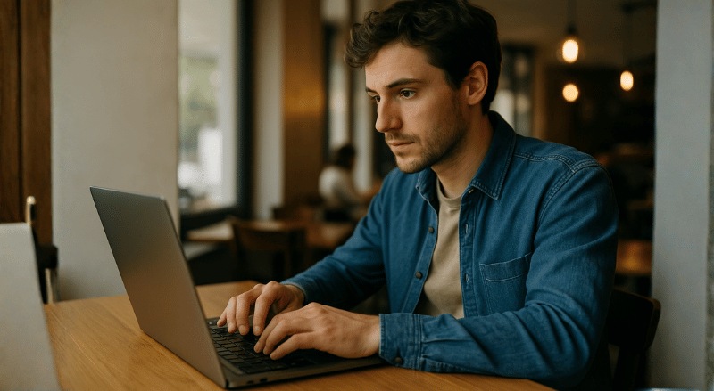 Uma pessoa concentrada digitando em seu laptop em um ambiente interno moderno e bem iluminado, transmitindo foco e profissionalismo