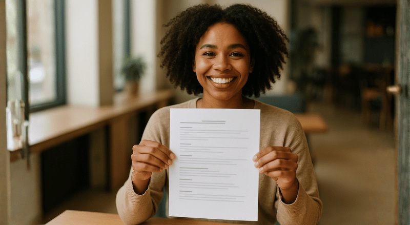 Uma pessoa sorridente, em ambiente interno iluminado suavemente, segura um currículo de forma confiante em um enquadramento médio e ângulo levemente lateral, transmitindo entusiasmo e expectativa profissional