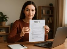 Uma pessoa sentada à mesa de sua casa, em frente ao laptop, segurando seu currículo em inglês com as duas mãos