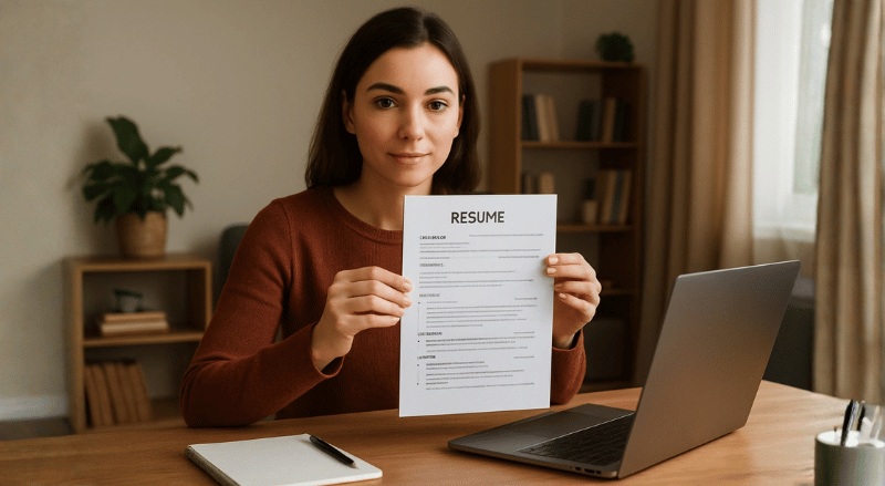 Uma pessoa sentada à mesa de sua casa, em frente ao laptop, segurando seu currículo em inglês com as duas mãos