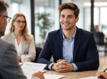 A imagem mostra um jovem participando de uma entrevista de emprego em um escritório moderno, sentado à frente de dois recrutadores