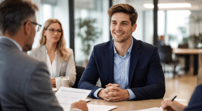 A imagem mostra um jovem participando de uma entrevista de emprego em um escritório moderno, sentado à frente de dois recrutadores