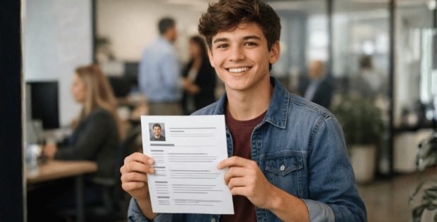 Adolescente sorridente segura um currículo em destaque, com um escritório moderno desfocado ao fundo. A cena transmite confiança, expectativa e o início da vida profissional, com iluminação suave e enquadramento natural.