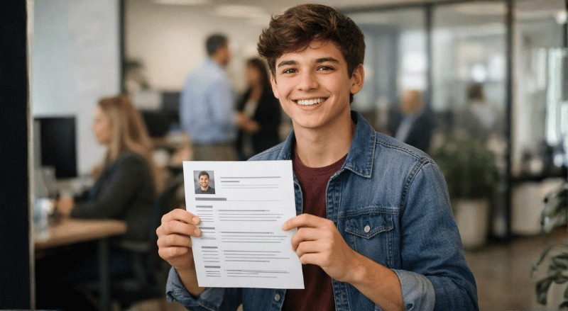 Adolescente sorridente segura um currículo em destaque, com um escritório moderno desfocado ao fundo. A cena transmite confiança, expectativa e o início da vida profissional, com iluminação suave e enquadramento natural.