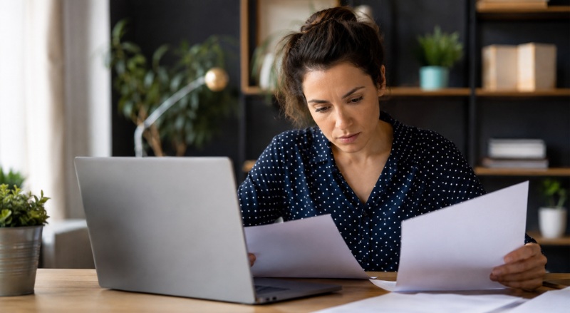 Uma mulher concentrada organiza documentos e revisa informações em um notebook, em um ambiente de trabalho moderno e bem iluminado