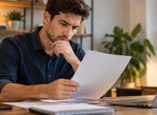 Homem analisando o currículo em uma mesa, em um ambiente de trabalho organizado e com expressão concentrada.