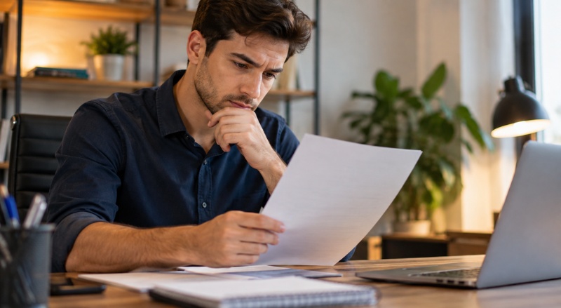 Homem analisando o currículo em uma mesa, em um ambiente de trabalho organizado e com expressão concentrada.